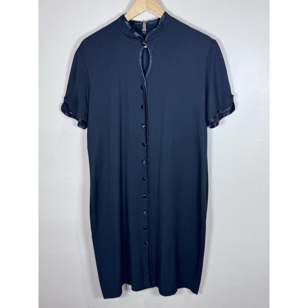VTG Miss Dorby Womens Dress Black Midi Asian Key Hole Button Front 90s Phoebe 16